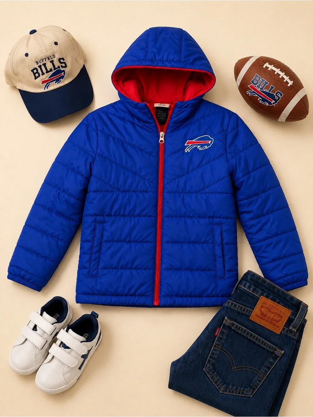 NFL Team Apparel Buffalo Bills Youth XL (16/18) Blue Hooded Puffer Jacket Coat